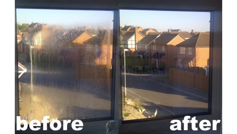 Comparison of a frosted window on the left and a clear window on the right, showing improved visibility.